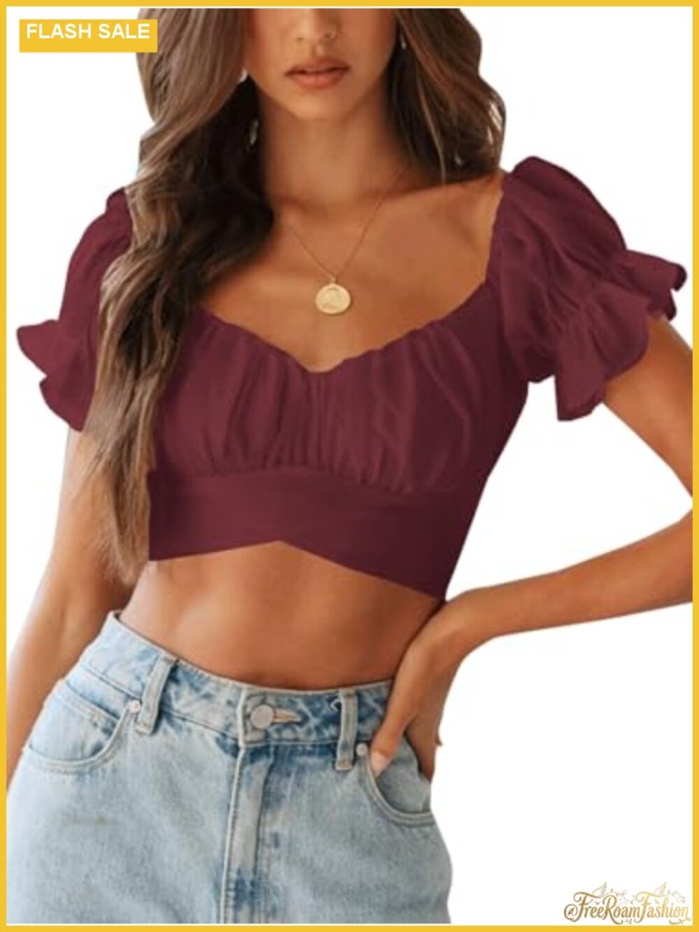 Womens Crop Top Ruffle Puff Sleeve V-Neck Off Shoulder Bow Knot Blouse
